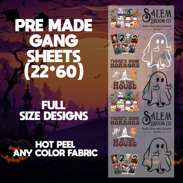 Salem Broom Co Quality Handcrafted Enchanted Est 1692 Printed Round Ready to Press Pre-made 22X60 Halloween Gang Sheet Designs