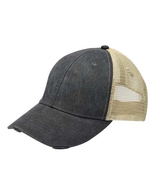 Adams Headwear OL102 Ollie Distressed Trucker Cap - Black/ Tan