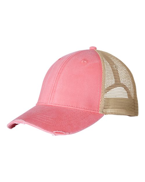 Load image into Gallery viewer, Adams Headwear OL102 Ollie Distressed Trucker Cap - Coral/ Tan
