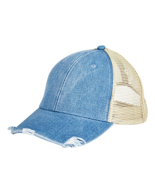 Load image into Gallery viewer, Adams Headwear OL102 Ollie Distressed Trucker Cap - Light Denim/ Tan
