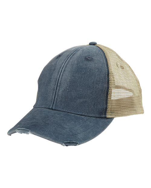 Adams Headwear OL102 Ollie Distressed Trucker Cap - Navy/ Tan
