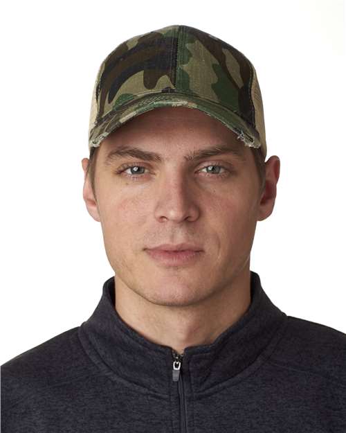 Adams Headwear OL102 Ollie Distressed Trucker Cap - Jungle Camo/ Tan