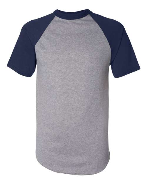 Load image into Gallery viewer, Augusta Sportswear 423 Unisex Raglan Baseball Jersey - Athletic Heather/ Navy
