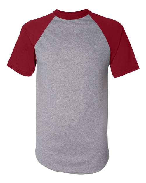 Load image into Gallery viewer, Augusta Sportswear 423 Unisex Raglan Baseball Jersey - Athletic Heather/ Red
