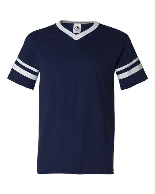 Load image into Gallery viewer, Augusta Sportswear 360 V-Neck Jersey with Striped Sleeves - Navy/ White
