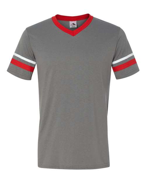 Load image into Gallery viewer, Augusta Sportswear 360 V-Neck Jersey with Striped Sleeves - Graphite/ Red/ White
