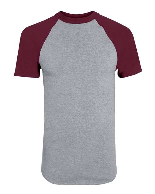 Load image into Gallery viewer, Augusta Sportswear 423 Unisex Raglan Baseball Jersey - Athletic Heather/ Maroon
