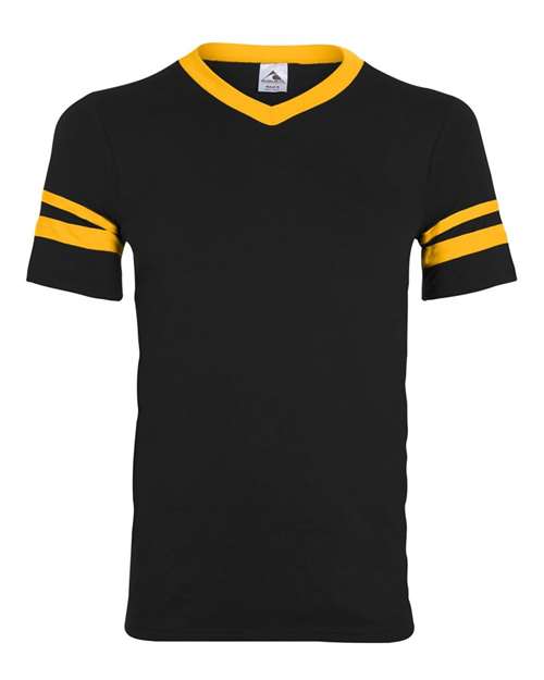 Load image into Gallery viewer, Augusta Sportswear 360 V-Neck Jersey with Striped Sleeves - Black/ Gold
