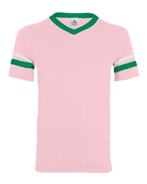 Augusta Sportswear 360 V-Neck Jersey with Striped Sleeves - Light Pink/ Kelly/ White