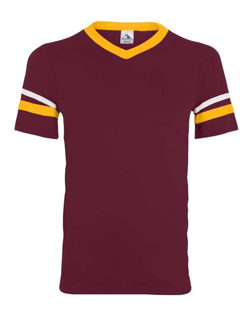 Load image into Gallery viewer, Augusta Sportswear 360 V-Neck Jersey with Striped Sleeves - Maroon/ Gold/ White

