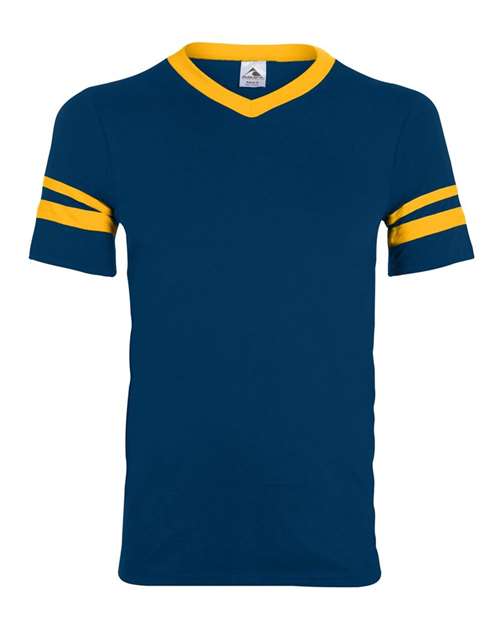 Augusta Sportswear 360 V-Neck Jersey with Striped Sleeves - Navy/ Gold