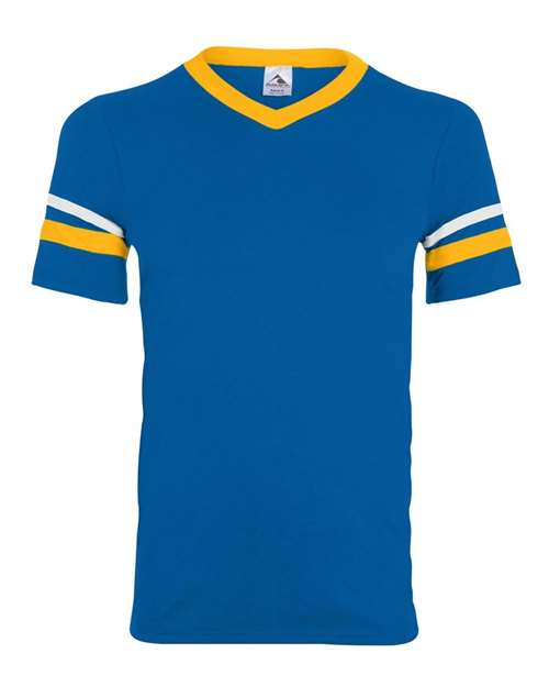 Load image into Gallery viewer, Augusta Sportswear 360 V-Neck Jersey with Striped Sleeves - Royal/ Gold/ White
