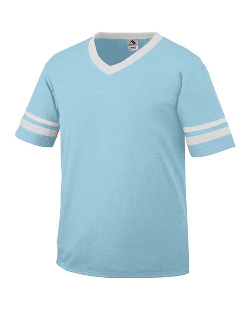 Load image into Gallery viewer, Augusta Sportswear 360 V-Neck Jersey with Striped Sleeves - Aqua/ White
