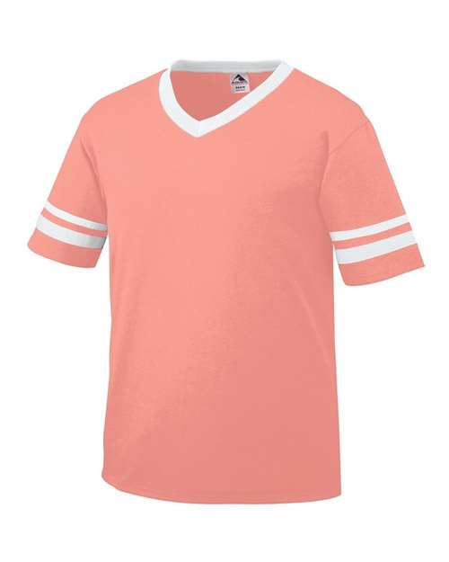 Load image into Gallery viewer, Augusta Sportswear 360 V-Neck Jersey with Striped Sleeves - Coral/ White
