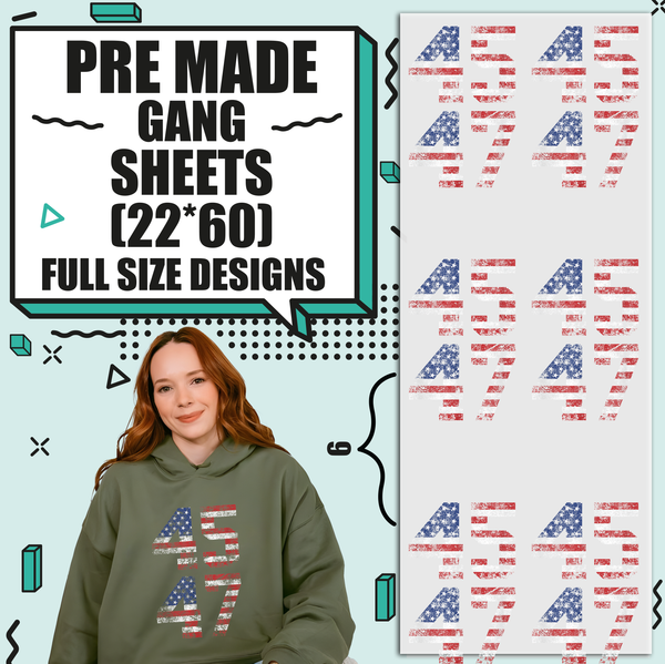 45 47 American Flag Trump 2024 Election Pre-made 22X60 Gang Sheet Designs