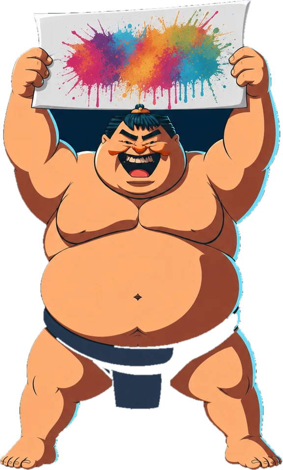 Sumo mascot lifting a printed gang sheet over his head