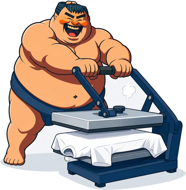 Sumo mascot closing a navy heat press on a white t-shirt