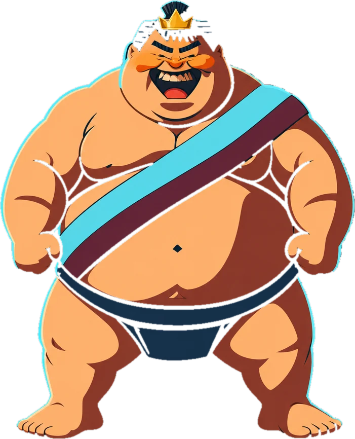 Sumo mascot wearing a small gold crown and a cyan and maroon sash, hands on hips