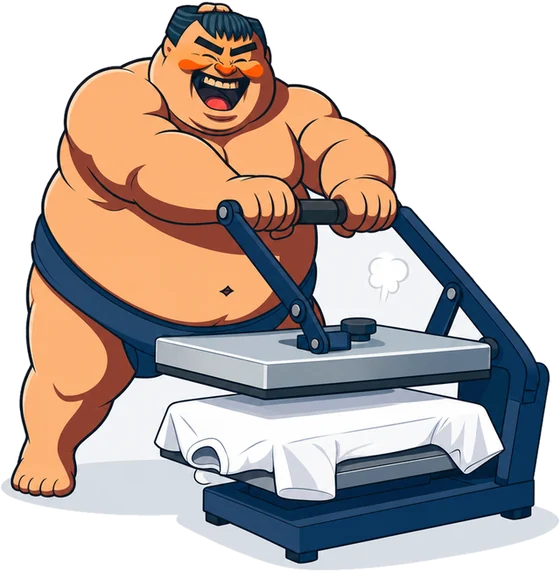 The Sumo mascot pulling down the handle of a heat press with a white t-shirt on the platen